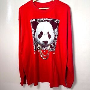 Panda Logo T-Shirt Mens Long Sleeve Red Bling Chain Hip Hop Rapper Hustler XL